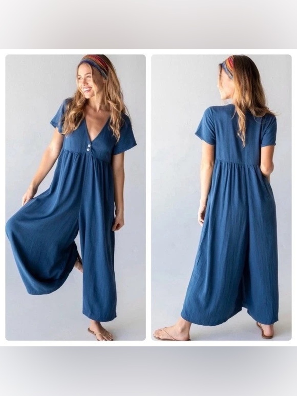 Natural Life Blue Linen Wide-Leg Jumpsuit